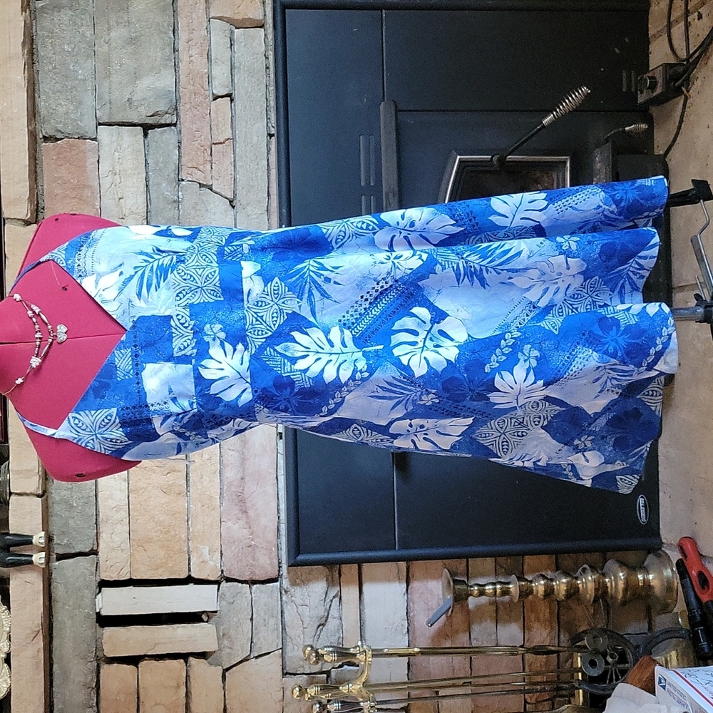 Hawaiian Aloha Tropical BLUE Print Anne's from Maui Hawaii Halter DRESS  sz 14